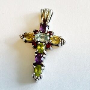 Multi-Gemstone Cross Pendant Charm - Sterling Silver